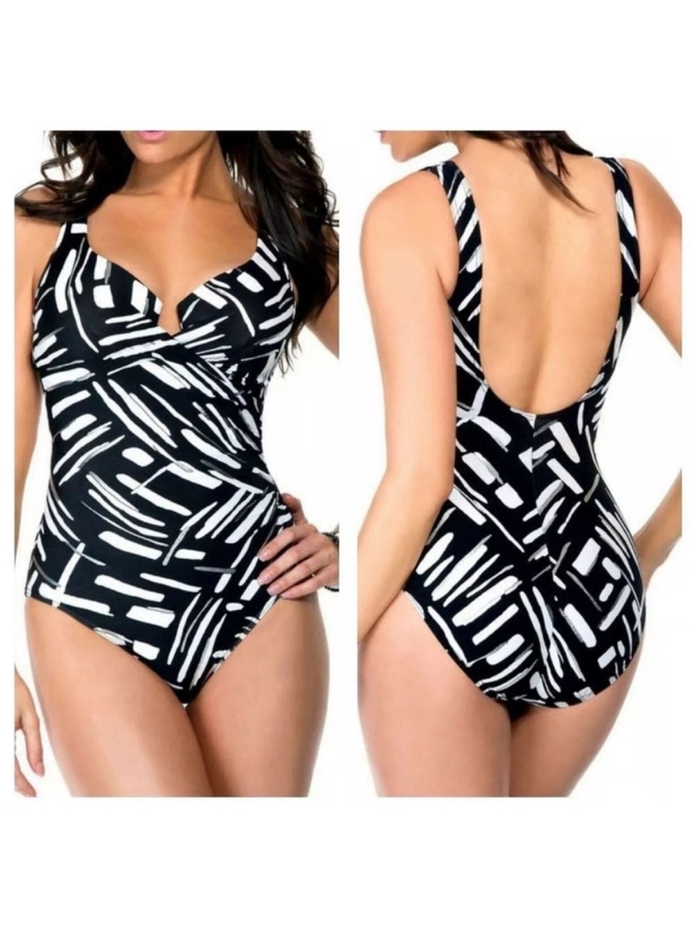 Miraclesuit Black and white Ruched One-Piece Swimsuit 16 plus size underwire